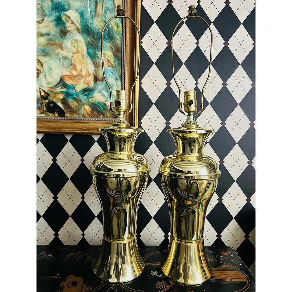 Pair Gold Tone Metal Table Lamps Polished Pedestal Vintage Lighting